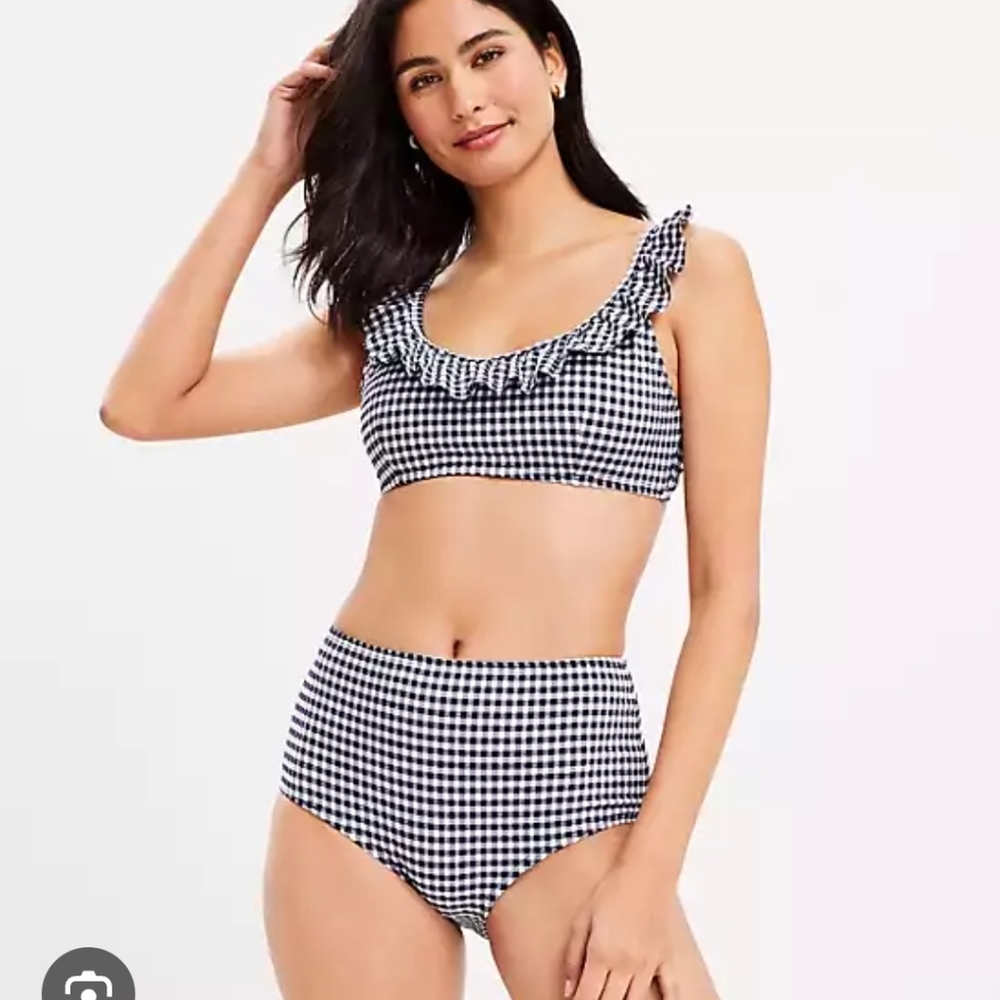 Loft Navy and White Gingham Ruffle Seersucker Bikini High Waisted Bottoms Size S